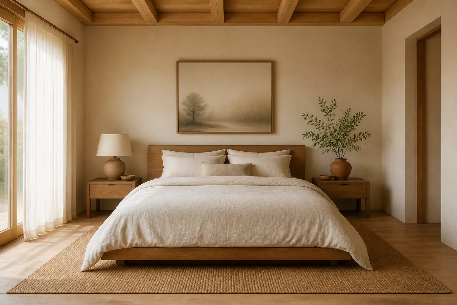 Calm Japandi-style bedroom with linen bedding and soft morning light