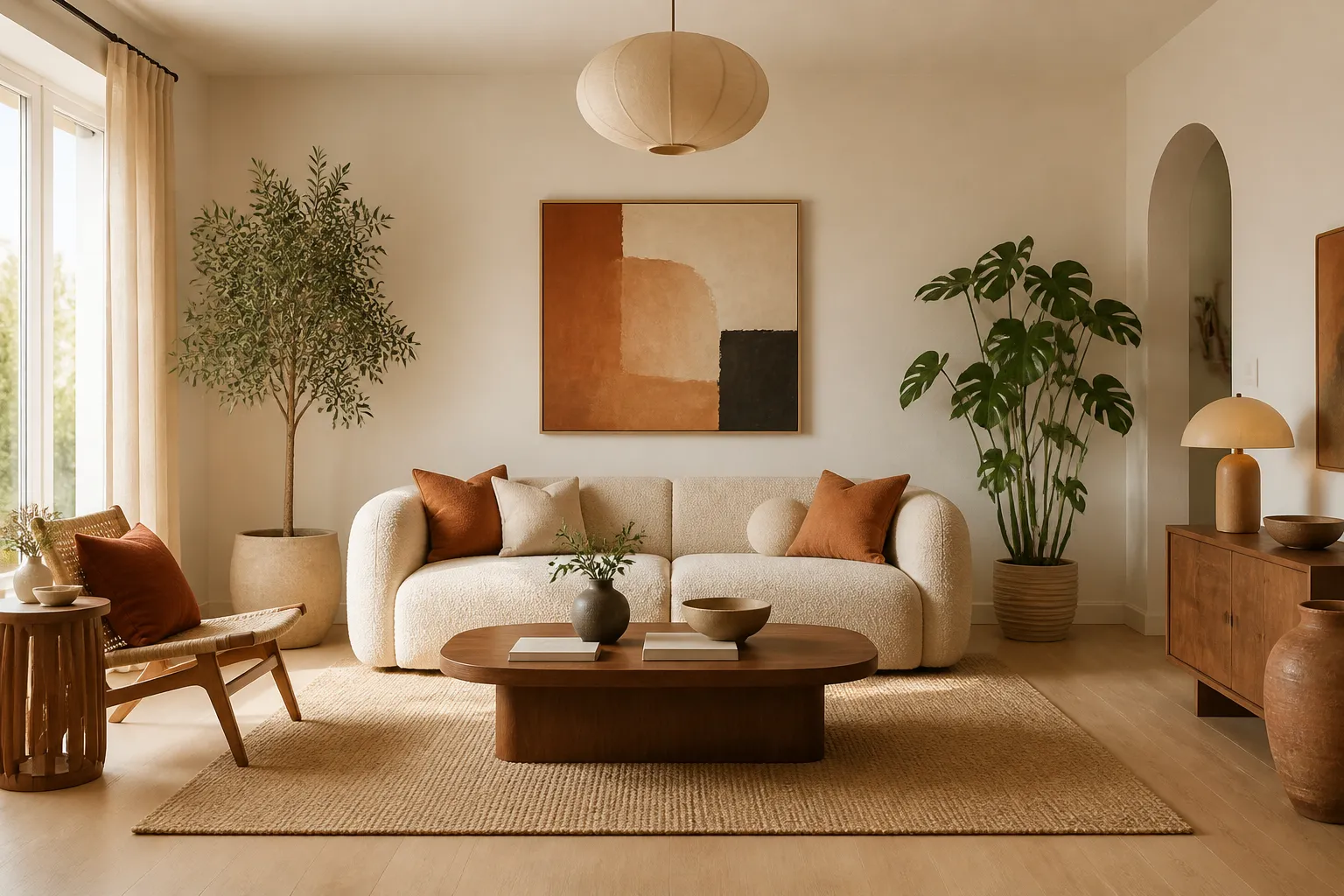 Warm Scandinavian living room with boucle sofa and natural light
