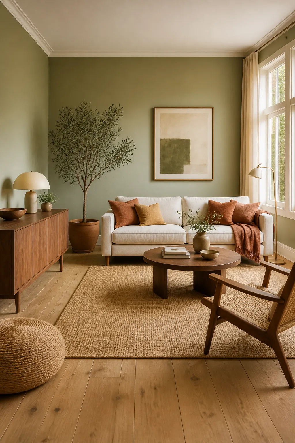 Warm Scandinavian living room with cream linen sofa and sage green accent wall