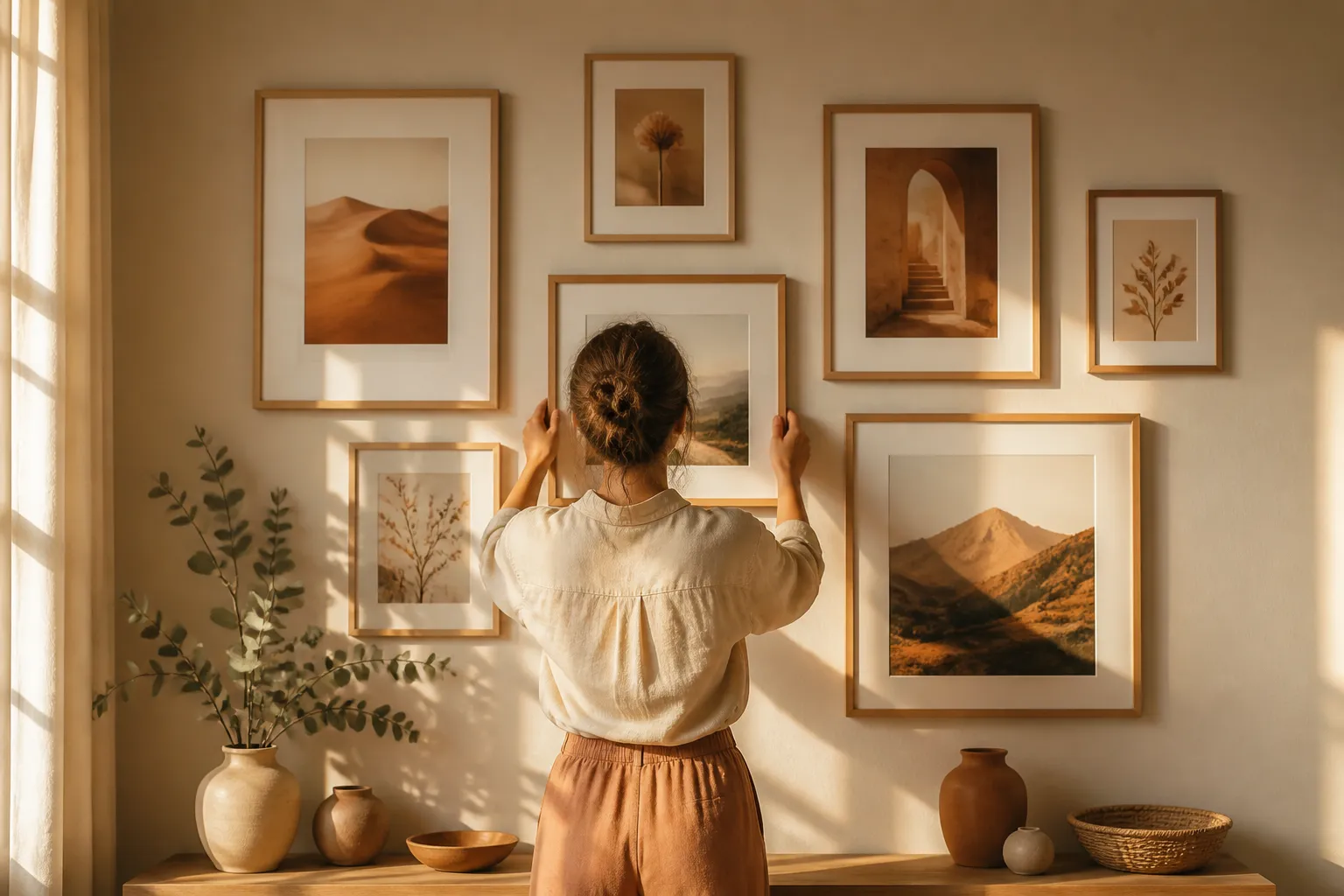 Hands styling a gallery wall with art prints in warm afternoon light